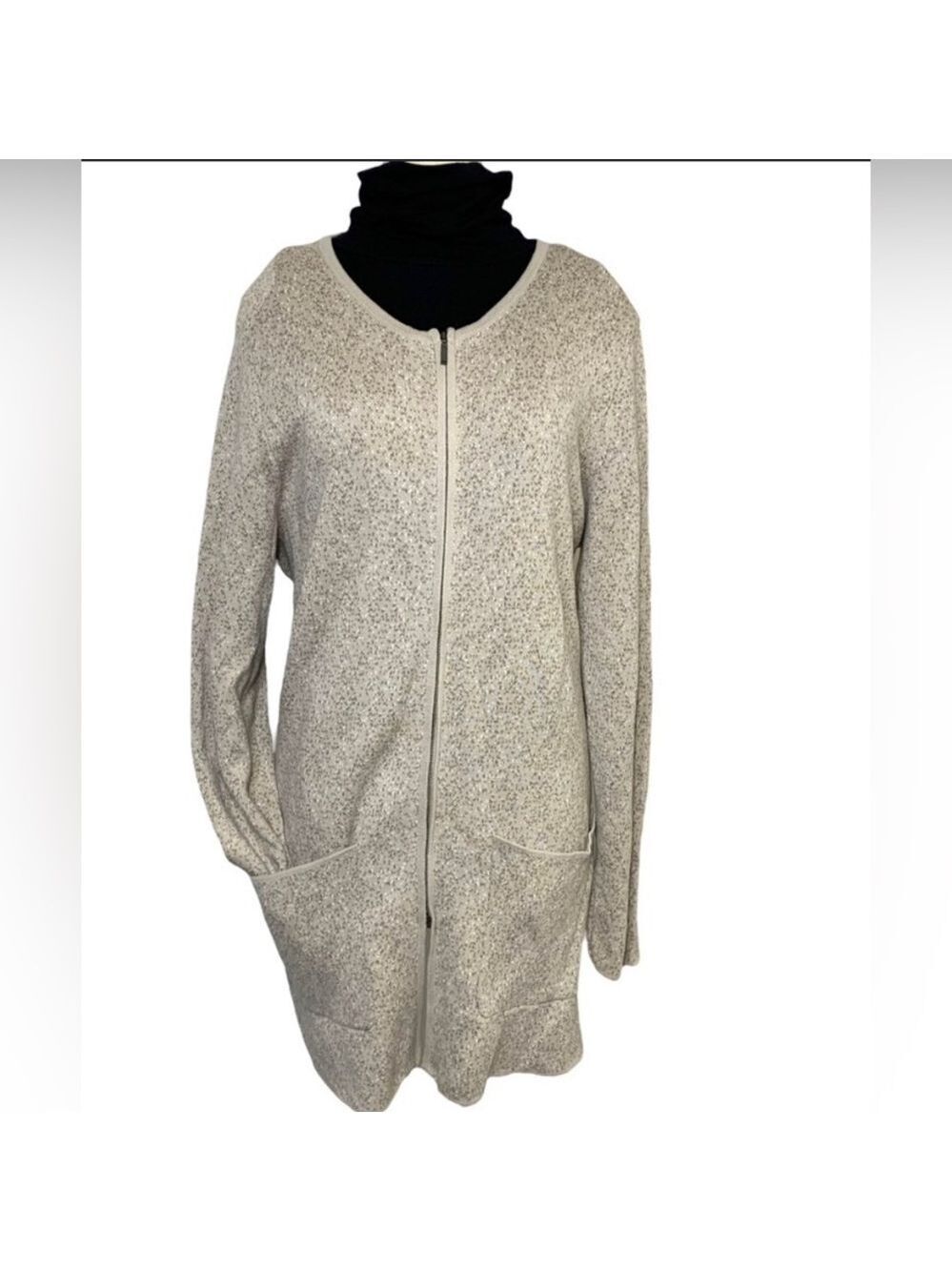 Nicole Miller Minimalist Neutral Tan Cotton Blend Zippered Cardigan Sweater XL